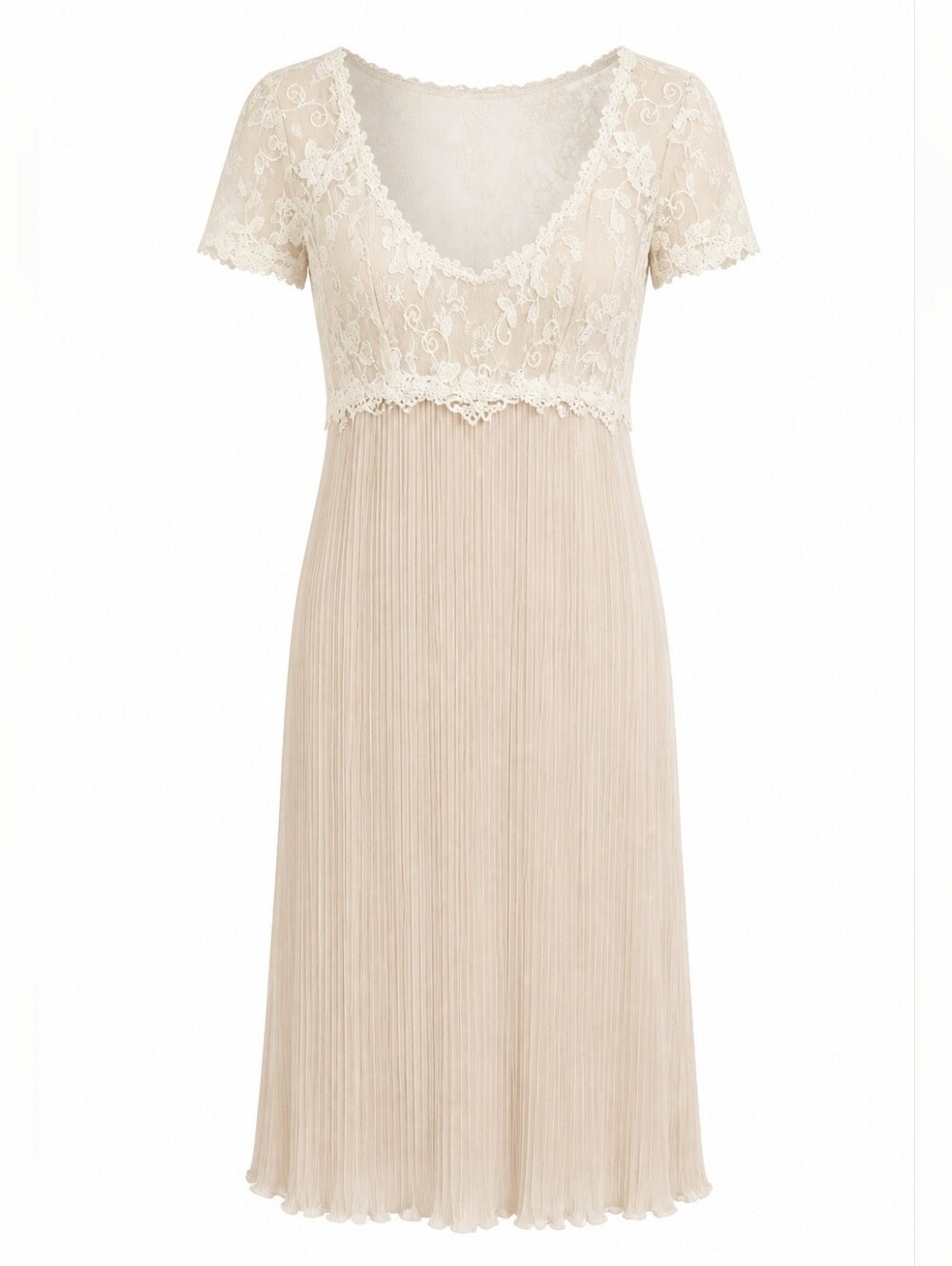 Flora Nikrooz VTG NOS Lace-Top Nightdress Soft Beige Large NWT Pleated Chiffon